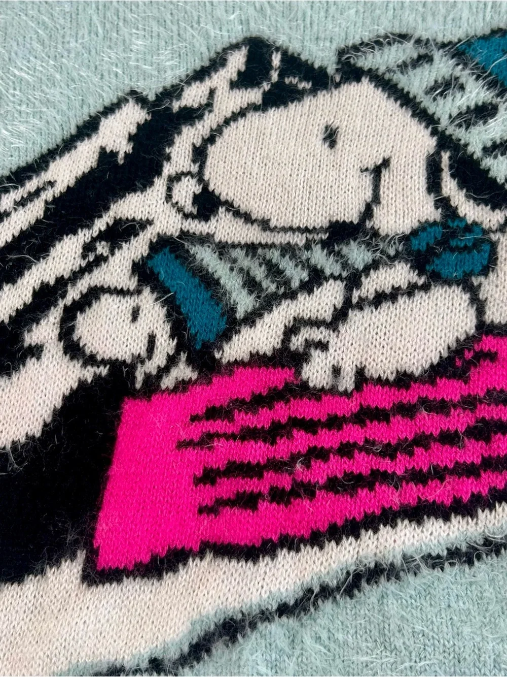 Justice Light Teal Snoopy Novelty Crewneck Sweater with Hot Pink Accent